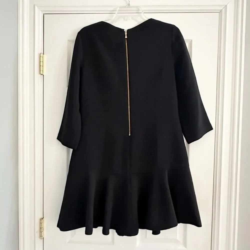 Kate Spade Black Crepe Flounce Dress Solid Size 8 Bateau Boat Neck Mini Elegant